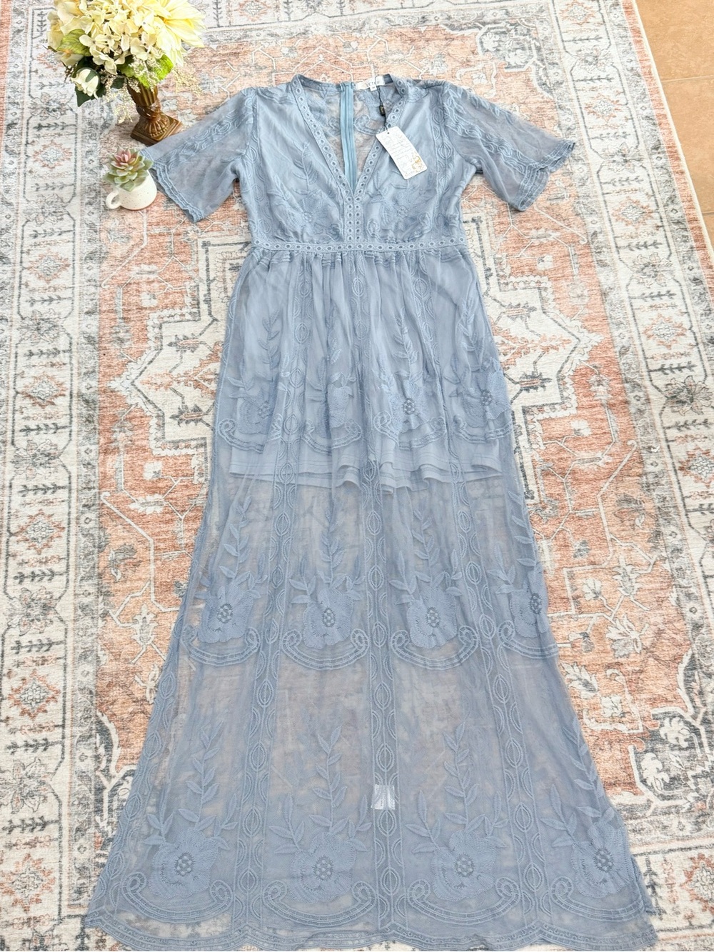 Light Blue Embroidered V-Neck Maxi Dress